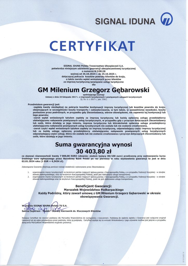Certyfikat dla GM Milenium Grzegorz Gębarowski